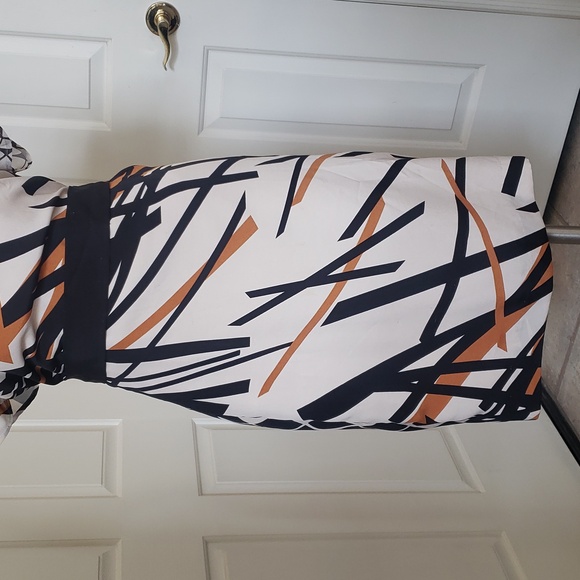 💐 Vintage 80s NEW YORK & COMPANY Dress Ivory Black Rust Tie Waist SIZE 12 - Picture 6 of 8